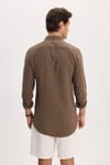 Erkek Slim Fit Dar Kesim %100 Pamuk Düğmeli Yaka Flam Keten Haki Gömlek