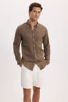 Erkek Slim Fit Dar Kesim %100 Pamuk Düğmeli Yaka Flam Keten Haki Gömlek