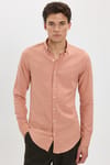 Erkek Slim Fit Dar Kesim %100 Pamuk Düğmeli Yaka Flam Keten Turuncu Gömlek