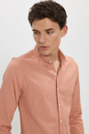 Erkek Slim Fit Dar Kesim %100 Pamuk Düğmeli Yaka Flam Keten Turuncu Gömlek