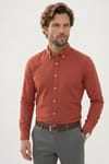 Erkek Slim Fit Dar Kesim %100 Pamuk Düğmeli Yaka Flam Keten Turuncu Gömlek