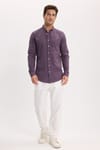 Erkek Slim Fit Dar Kesim %100 Pamuk Düğmeli Yaka Flam Keten Mor Gömlek