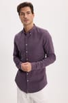 Erkek Slim Fit Dar Kesim %100 Pamuk Düğmeli Yaka Flam Keten Mor Gömlek