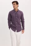 Erkek Slim Fit Dar Kesim %100 Pamuk Düğmeli Yaka Flam Keten Mor Gömlek