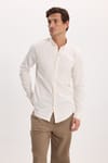 Erkek Slim Fit Dar Kesim %100 Pamuk Düğmeli Yaka Flam Keten Ekru Gömlek
