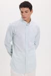 Erkek Slim Fit Dar Kesim Uzun Kollu %100 Pamuk Keten Efektli Düğmeli Yaka Rahat Yeşil Gömlek