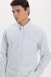 Erkek Slim Fit Dar Kesim Uzun Kollu %100 Pamuk Keten Efektli Düğmeli Yaka Rahat Yeşil Gömlek