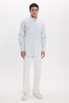 Erkek Slim Fit Dar Kesim Uzun Kollu %100 Pamuk Keten Efektli Düğmeli Yaka Rahat Yeşil Gömlek