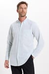 Erkek Slim Fit Dar Kesim Uzun Kollu %100 Pamuk Keten Efektli Düğmeli Yaka Rahat Yeşil Gömlek