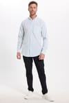 Erkek Slim Fit Dar Kesim Uzun Kollu %100 Pamuk Keten Efektli Düğmeli Yaka Rahat Yeşil Gömlek