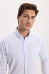 Erkek Slim Fit Dar Kesim Uzun Kollu %100 Pamuk Keten Efektli Düğmeli Yaka Rahat Mavi Gömlek