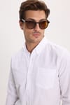 Erkek Slim Fit Dar Kesim Uzun Kollu %100 Pamuk Keten Efektli Düğmeli Yaka Rahat Beyaz Gömlek