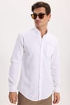 Erkek Slim Fit Dar Kesim Uzun Kollu %100 Pamuk Keten Efektli Düğmeli Yaka Rahat Beyaz Gömlek