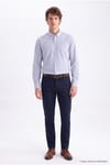 Erkek Slim Fit Dar Kesim Düğmeli Yaka Körüklü Sırt Pileli Pamuklu Uzun Kollu Mavi Çizgili Gömlek