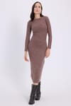 Kadın Slim Fit Dar Kesim Bisiklet Yaka Kahverengi Elbise