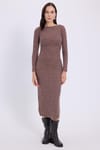 Kadın Slim Fit Dar Kesim Bisiklet Yaka Kahverengi Elbise