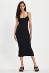 Kadın Slim Fit Vücuda Oturan Askılı Likralı Midi Boy Siyah Elbise