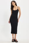 Kadın Slim Fit Vücuda Oturan Askılı Likralı Midi Boy Siyah Elbise