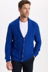 Slim Fit Dar Kesim Desenli Yumuşak Dokulu Düğmeli Sax Mavi Erkek Hırka