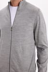 Erkek Slim Fit Dar Kesim Açık Gri Dik Yaka Fermuarlı Düz Hırka