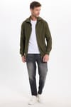 Erkek Slim Fit Dik Yaka Fermuarlı Haki Düz Hırka