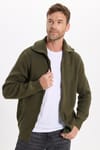 Erkek Slim Fit Dik Yaka Fermuarlı Haki Düz Hırka