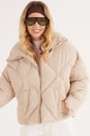 Kadın Oversize Geniş Kesim Şişme Dik Yaka Bej Mont