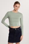 Kadın Slim Fit Pamuklu Uzun Kol Düz Yeşil Bisiklet Yaka Bluz