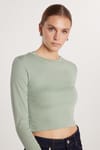 Kadın Slim Fit Pamuklu Uzun Kol Düz Yeşil Bisiklet Yaka Bluz