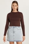 Kadın Slim Fit Dar Kesim Bisiklet Yaka Kahverengi Bluz