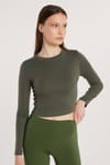 Kadın Slim Fit Pamuklu Uzun Kol Düz Bisiklet Yaka Haki Bluz