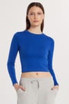 Kadın Slim Fit Pamuklu Uzun Kol Düz Bisiklet Yaka Mavi Bluz