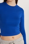 Kadın Slim Fit Pamuklu Uzun Kol Düz Bisiklet Yaka Mavi Bluz