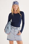 Kadın Slim Fit Dar Kesim Uzun Kollu Bisiklet Yaka Sırt Detaylı Lacivert Viskon Bluz
