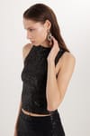 Kadın Slim Fit Dar Kesim Sıfır Kol Payetli Halter Yaka Siyah Bluz