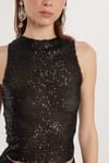 Kadın Slim Fit Dar Kesim Sıfır Kol Payetli Halter Yaka Siyah Bluz