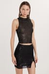 Kadın Slim Fit Dar Kesim Sıfır Kol Payetli Halter Yaka Siyah Bluz