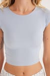Kadın Modal Kumaş Slim Fit Dar Kesim Kısa Kollu Bisiklet Yaka Mavi Bluz