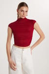 Kadın Slim Fit Dar Kesim Lastikli Kısa Kol Bordo Bisiklet Yaka Bluz