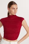 Kadın Slim Fit Dar Kesim Lastikli Kısa Kol Bordo Bisiklet Yaka Bluz