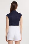 Kadın Slim Fit Dar Kesim Lastikli Kısa Kol Lacivert Bisiklet Yaka Bluz