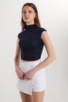 Kadın Slim Fit Dar Kesim Lastikli Kısa Kol Lacivert Bisiklet Yaka Bluz