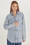 Kadın Regular Fit %100 Pamuk Uzun Kollu Mavi Denim Gömlek