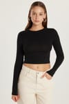 Kadın Slim Fit Dar Kesim Uzun Kollu Bisiklet Yaka Siyah Bluz