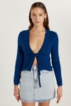 Kadın Slim Fit Dar Kesim Bağlamalı Uzun Kollu V Yaka Lacivert Hırka