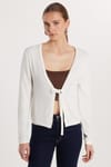 Kadın Slim Fit Dar Kesim Bağlamalı Uzun Kollu V Yaka Ekru Hırka