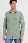 Erkek Regular Fit Klasik Kesim Oversize %100 Pamuk Keten Doku Çift Cep Yeşil Gömlek