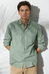 Erkek Regular Fit Klasik Kesim Oversize %100 Pamuk Keten Doku Çift Cep Yeşil Gömlek