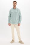 Erkek Regular Fit Klasik Kesim Oversize %100 Pamuk Keten Doku Çift Cep Yeşil Gömlek