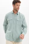 Erkek Regular Fit Klasik Kesim Oversize %100 Pamuk Keten Doku Çift Cep Yeşil Gömlek